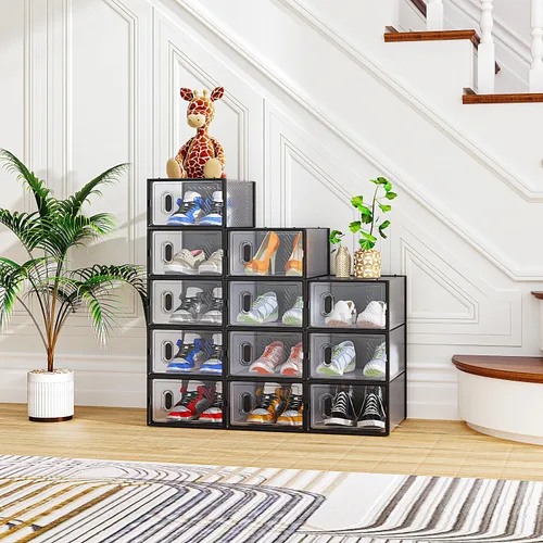Vista 17 de Paquete de 6 cajas de zapatos apilables de plástico transparente, cajas organizadoras de zapatos con tapas para tenis, estuche para zapatos hasta