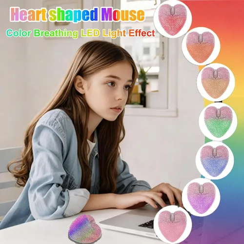 Vista 2 de Ratón inalámbrico Bluetooth con forma de corazón rosa, modo doble, recargable, silencioso, portátil, con diamante brillante y luz LED, para PC
