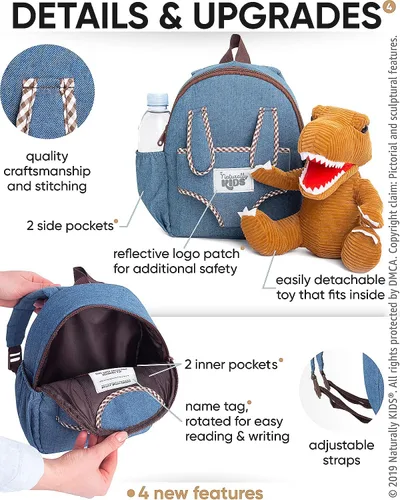 Vista 4 de Naturally KIDS Mochilas - Mochila para niños y niñas con animales de peluche - Regalos para niños y niñas de 3 4 5 años 01 Brown T-rex Mochila