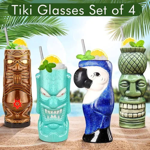 Vista 4 de SuproBarware Tiki - Juego de 4 tazas grandes de cerámica hawaiana para fiestas, cócteles, tazas tropicales de primera calidad, bonitas copas