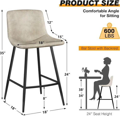 Vista 3 de 5Rcom Juego de 2 taburetes de bar de altura de mostrador de 600 libras, taburetes de cocina de 24 pulgadas con respaldo, sillas de bar modernas