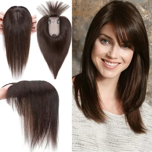 Vista 15 de MY-LADY Top Hairpieces para mujer con flequillo, base mono natural, 100% cabello humano real, clip en pieza de cabello lacio en medio para pérdida