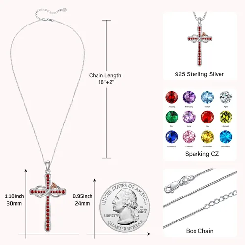 Vista 6 de Collar de cruz para mujer, collar con dije de piedra natal de plata de ley, collar de cruz de infinito con flor de rosa, joyería religiosa