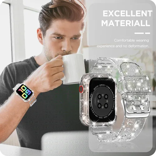 Vista 7 de DABAOZA - Correa transparente compatible con Apple Watch de 1.772 in y 1.732 in, con purpurina transparente Women Men,Glitter Bling TPU