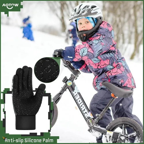 Vista 5 de AOTOW Guantes deportivos cálidos de invierno para niños, para clima frío, térmico, para nieve, pantalla táctil, para niños y niñas