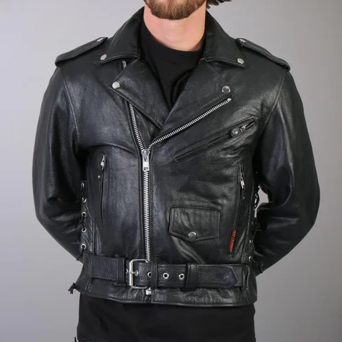 Vista 2 de Chaqueta para motocicleta negra clásica Hot Leathers con revestimiento y cierre externo