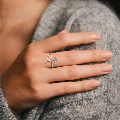 Vista 2 de ChicSilver Anillo de luna y estrella de plata de ley 925 con piedra natal luna creciente ajustable anillo de banda abierta regalo de cumpleaños
