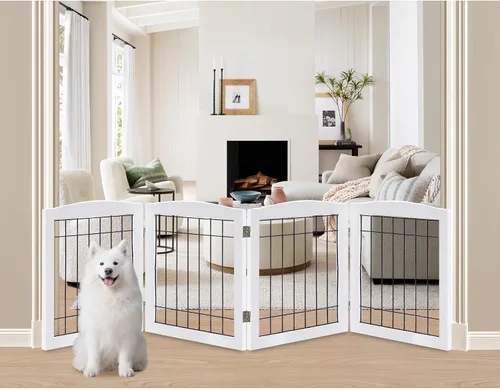 Vista 24 de LZRS Puerta plegable independiente de madera para perros de 2 paneles, madera maciza y alambre de acero, barrera para mascotas resistente a
