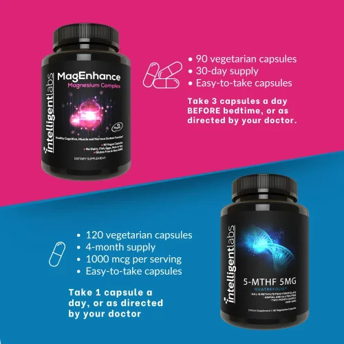 Vista 5 de Intelligent Labs Paquete 2 en 1 de suplemento MagEnhance (con L-treonato de magnesio, glicinato y taurato) y 5 MG 5-MTHF metilfolato como ácido