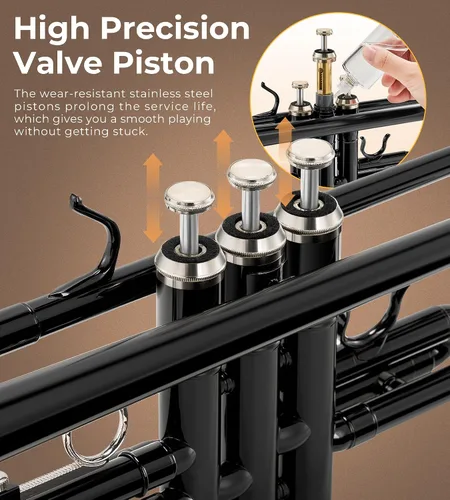 Vista 3 de Vangoa Bb Trompeta de latón estándar negro instrumento de trompeta para estudiantes, orquesta de banda escolar, adultos, niños, principiantes