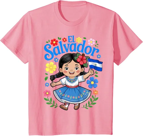 Vista 16 de Camiseta de estilo tradicional floral para niña con la bandera de El Salvador