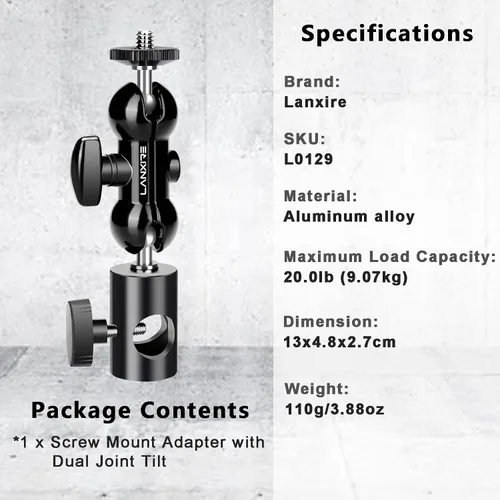 Vista 8 de Adaptador de montaje de soporte de luz con cabezal de bola doble, compatible con luz de anillo, se adapta al soporte de luz de cabeza plana, carga