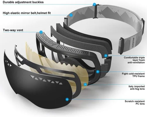Vista 4 de Supertrip Gafas de esquí profesionales para hombres y mujeres, doble lente antivaho grandes esféricos, unisex, multicolor, gafas de nieve