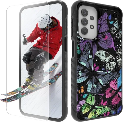Vista 17 de Funda para Samsung Galaxy A13/A04/A04S/A23/A32 5G con protector de pantalla, parte trasera con textura de policarbonato duro, hermosa flor, diseño