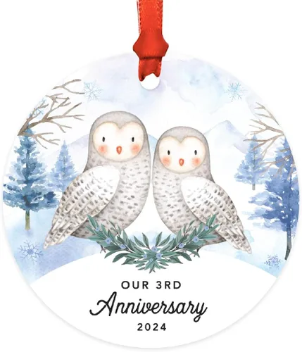 Vista 72 de Andaz Press Adorno redondo de recuerdo de Navidad, nuestro 10 aniversario 2025, búhos de nieve de invierno en acuarela, 1 paquete, incluye cinta