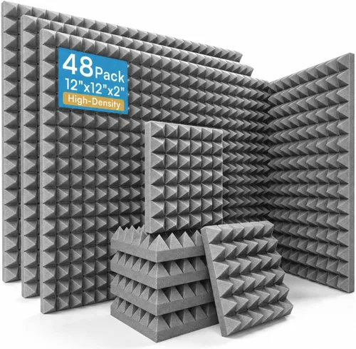 Vista 8 de Paquete de 24 paneles de espuma acústica piramidal, 12 x 12 x 2 pulgadas, color negro Retardante de llama, 66.1 lbs/m³ de alta densidad, 2