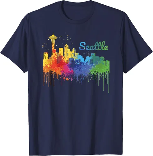 Vista 48 de Seattle Washington Skyline Watercolor Souvenir Seattle Camiseta, Negro