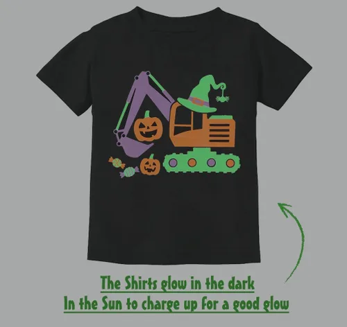 Vista 6 de Camiseta espeluznante que brilla en la oscuridad, manga corta, diseño de excavadora, para niñas, para fiesta de calabaza, Halloween