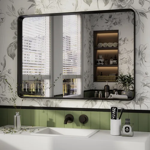 Vista 11 de ISKM Espejo con marco negro para pared de 20 x 16 pulgadas, espejo de tocador de baño antioxidante, vidrio templado, espejo rectangular redondeado