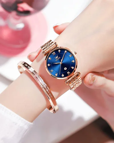 Vista 3 de OLEVS Reloj de oro rosa para mujer, con diamantes de lujo, luminoso, resistente al agua