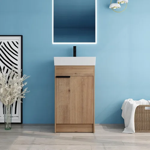 Vista 15 de Tocador de baño pequeño de 16 pulgadas con lavabo, tocador de baño independiente de 16" para espacios pequeños, gabinete de madera contrachapada