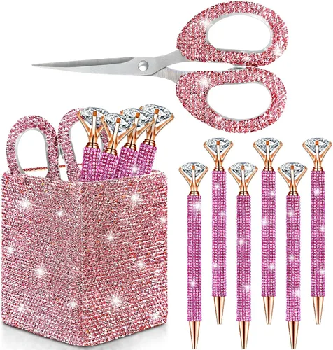Vista 9 de Qilery 8 accesorios de escritorio brillantes de regalo con 1 soporte para bolígrafo, 6 bolígrafos de diamantes de imitación de cristal, 1 tijeras