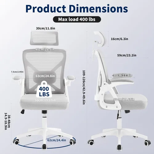 Vista 2 de Silla de Oficina, Silla de Escritorio Ergonómica con Soporte Lumbar Ajustable, Silla de Oficina Gris de 400 Libras Silla de Computadora de Malla