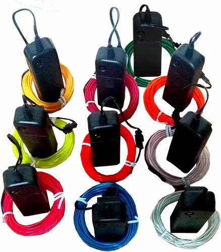Vista 2 de Paquete de 12 cables electroluminiscentes de luz de neón de 9 pies con batería (azul, verde, rojo, blanco, morado, rosa)