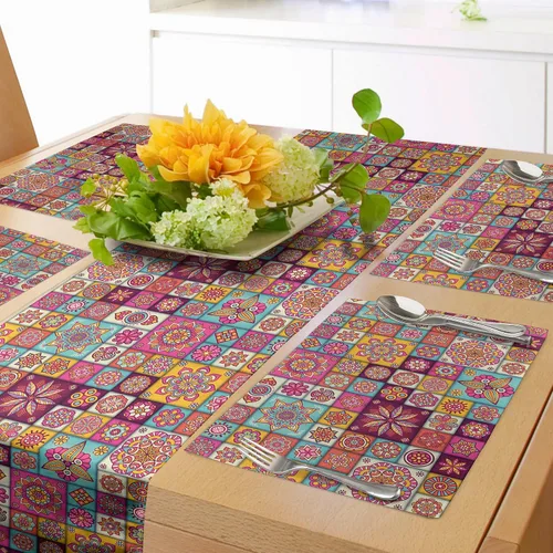Vista 42 de Lunarable Camino de mesa tropical y manteles individuales, acuarela tucán loro flamenco piñas y flores silvestres sobre rombo, juego para decoración