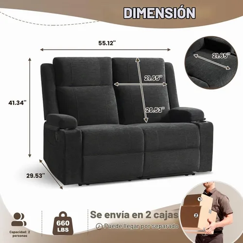 Vista 2 de Sofá biplaza reclinable manual, sofá reclinable de 2 plazas