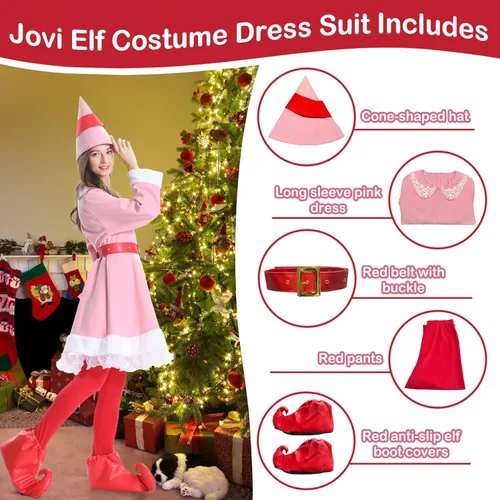 Vista 6 de Disfraz de elfo para mujer, vestido Jovie, 5 piezas, traje de Navidad para adultos, lindo traje de Papá Noel rosa, para parejas, vacaciones, fiesta
