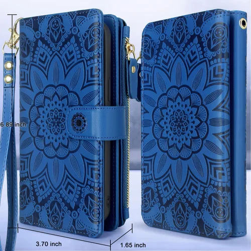 Vista 2 de Harryshell Cartera magnética desmontable con cremallera de piel, bolsillo para efectivo con 12 ranuras para tarjetas, correa de muñeca para Samsung