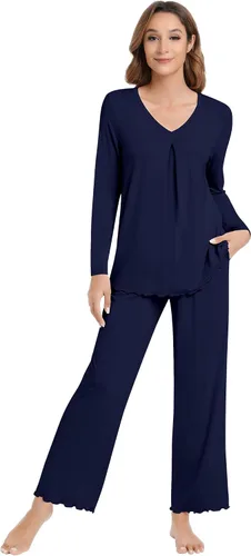 Vista 26 de NACHILA Women's Pajamas Set-Viscose Made from Bamboo, Long Sleeve Sleepwear Top with Pants Comfy Pajama Soft 2 Piece Pjs B-aqua Green