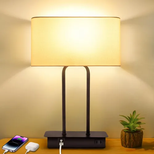 Vista 10 de Lámpara de mesa con control táctil regulable en 3 vías con 2 puertos USB y toma de corriente AC, lámpara moderna de mesita de noche con pantalla