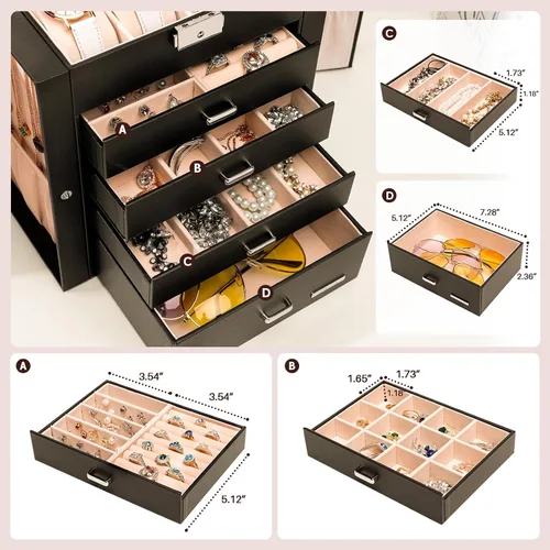 Vista 3 de Homde Caja de joyería enorme de cuero sintético Organizador de reloj con espejo Collar Anillo Pendiente Almacenamiento Caja de regalo con cerradura
