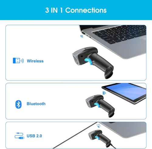 Vista 4 de Sumicor Escáner de código de barras inalámbrico Bluetooth con soporte, escaneo automático de manos libres y disparador manual, pistola de escáner