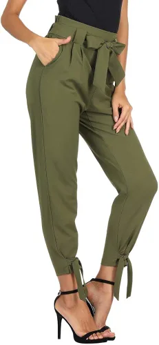 Vista 2 de GRACE KARIN - Pantalones casuales, de cintura alta, sólida, auto-amarrado, cinturón tubo, para mujer.