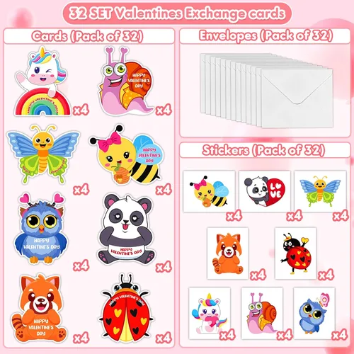 Vista 2 de Mczan Paquete de 32 tarjetas de San Valentín para el aula de niños, tarjetas de San Valentín de animales con sobres de tatuajes, tarjetas