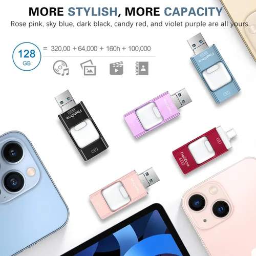 Vista 5 de Thumb Drive para iPhone 128 GB, 4 en 1 USB tipo C, memoria USB tipo C, almacenamiento externo Falsh Drive para iPhone, iPad, computadora Android