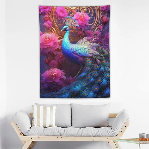 Vista 3 de JHION Tapiz de pavo real, hermoso tapiz de pájaro para colgar en la pared, tapices estéticos psicodélicos, arte de pared, decoración del hogar