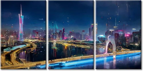 Vista 63 de Cuadros de 3 paneles de Cyberpunk City - Arte de pared de vallas publicitarias de edificios modernos en la capital con obras de arte modernas