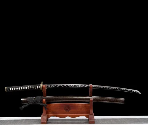 Vista 2 de Espada Katana real hecha a mano, espada samurái japonesa auténtica espiga completa muy afilada, acero de alto carbono 1060, 41 pulgadas, negro