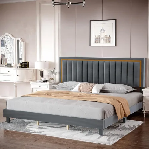 Vista 8 de Cama de plataforma tapizada de terciopelo tamaño Queen con diseño de ribete dorado, diseño sin ruido, base resistente con listones de madera, no Gris