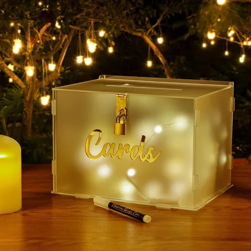 Vista 2 de OurWarm Caja de tarjetas de boda de acrílico esmerilado con cerradura, caja de tarjeta de regalo para boda con tira de luz y bolígrafo, caja