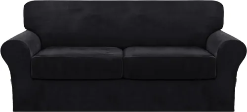 Vista 68 de FantasDecor Fundas de terciopelo para sofá de 2 piezas para sala, con cojín individual, protector elástico de muebles para mascotas, lavable a Negro