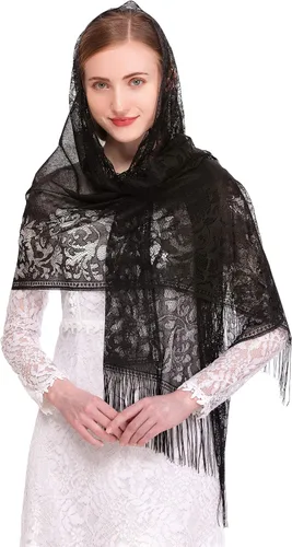 Vista 3 de PAMOR Bufanda de velo de capilla, velos de mantilla, chal rectangular con ribete de flecos