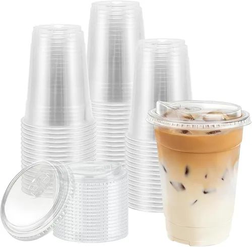 Vista 9 de BYSNOW Paquete de 100 vasos de plástico transparente de 16 onzas con tapas, tazas desechables para café helado con tapas para sorber, vasos