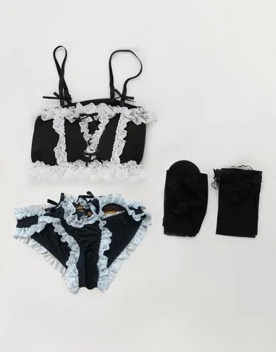 Vista 6 de Mobbunny Conjunto de mucama superior e inferior con medias para disfraz de cosplay de sirvienta con volantes de encaje
