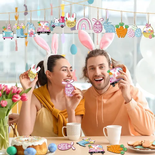 Vista 5 de Kathfly 32 piezas de adornos de Pascua para árbol pequeño de madera, decoraciones de Pascua feliz, huevos de conejo, adornos colgantes de gnomo