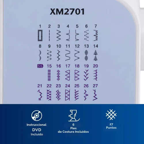 Vista 3 de Máquina de coser Brother XM2701 liviana, con todas las funciones, con 27 puntos, función automática para hacer ojales en 1 paso, 6 pies de costura